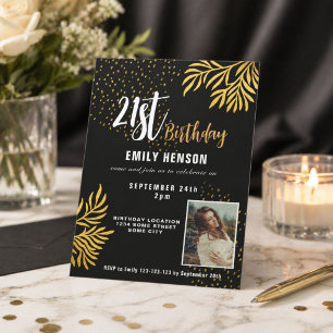 Invitation Joyeux 21e anniversaire Gold Foliage Photo Party