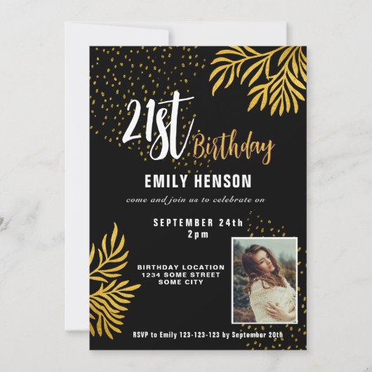 Invitation Joyeux 21e anniversaire Gold Foliage Photo Party (Devant)