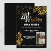 Invitation Joyeux 21e anniversaire Gold Foliage Photo Party (Devant / Derrière)
