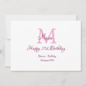 Invitation Joyeux 21e Anniversaire rose ajouter nom monogramm (Devant)