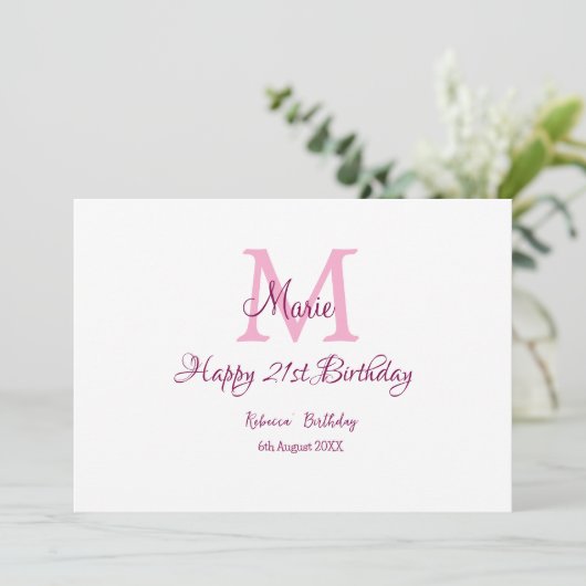 Invitation Joyeux 21e Anniversaire rose ajouter nom monogramm (Debout devant)