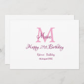 Invitation Joyeux 21e Anniversaire rose ajouter nom monogramm (Devant / Derrière)
