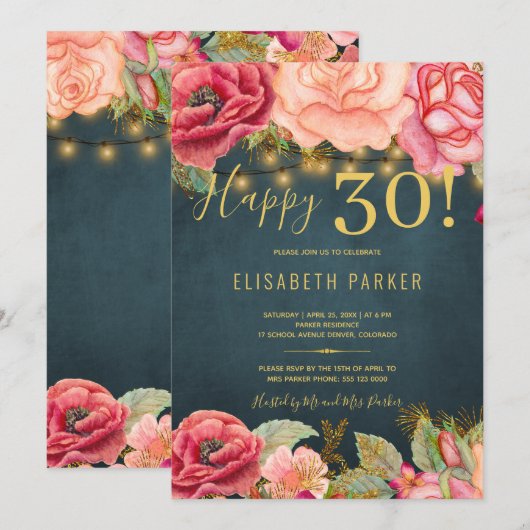 Invitation Joyeux 30 floral chic élégant 30e anniversaire fêt (Devant / Derrière)