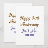 Invitation Joyeux 30e anniversaire de mariage royal bleu or s (Devant / Derrière)