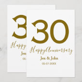 Invitation Joyeux 30e anniversaire nom date lettre dorée gras (Devant / Derrière)