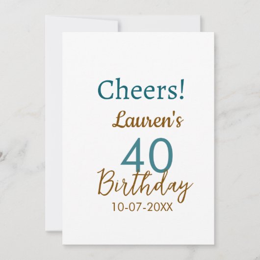 Invitation Joyeux 40e anniversaire nom date marron turquoise (Devant)