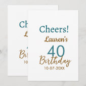 Invitation Joyeux 40e anniversaire nom date marron turquoise (Devant / Derrière)