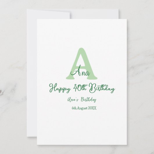 Invitation Joyeux 40e anniversaire vert ajouter nom monogramm (Devant)