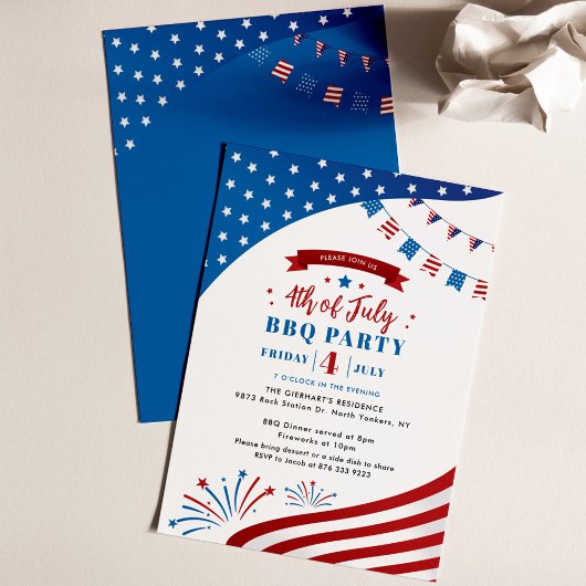 Invitation Joyeux 4 juillet Red White et Blue BBQ Party