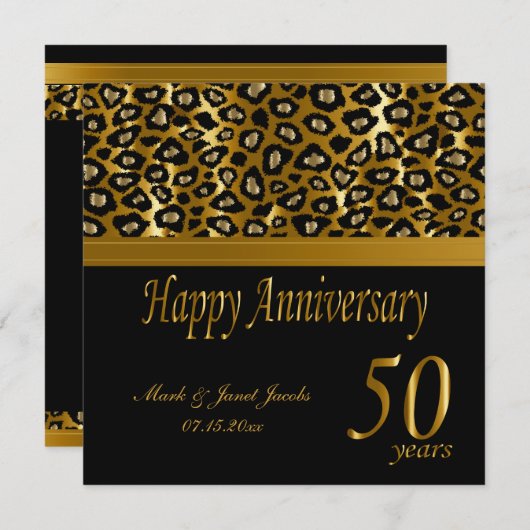 Invitation Joyeux 50e Anniversaire d'Or | Motif Léopard (Devant / Derrière)