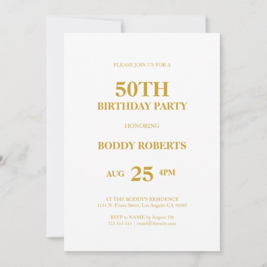 Invitation Joyeux 50e anniversaire typographie or sur blanc (Devant)