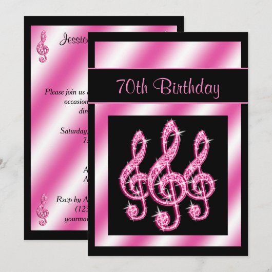 Invitation Joyeux 70e Anniversaire avec des Clés de Sol Roses (Devant / Derrière)
