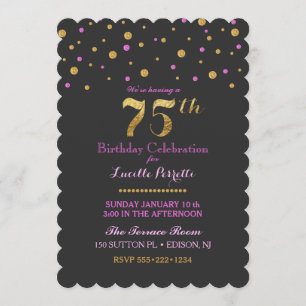 Invitation Joyeux 75e anniversaire avec confettis roses dorés