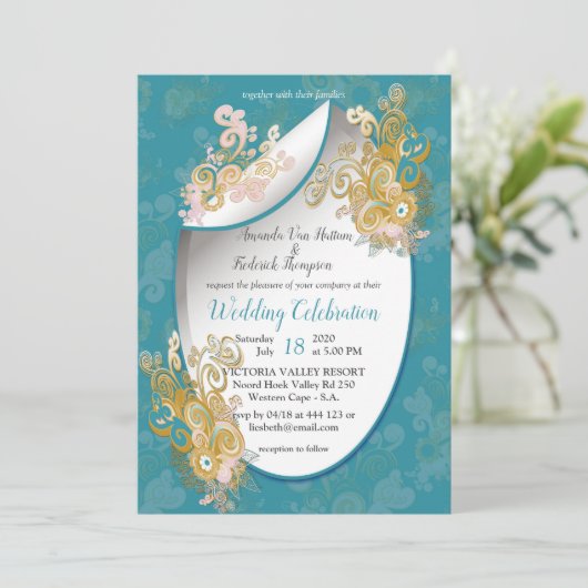 Invitation Joyeux Abstrait Candy-blue - Fleurs roses (Debout devant)