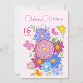 Invitation Joyeux anniversaire ! 16 Fleurs douces et oiseaux (Devant)