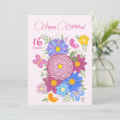 Invitation Joyeux anniversaire ! 16 Fleurs douces et oiseaux (Debout devant)