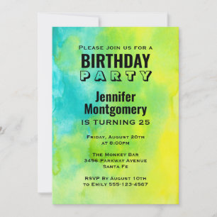 Invitation Joyeux Anniversaire Abstrait Aquarelle Jaune et Bl