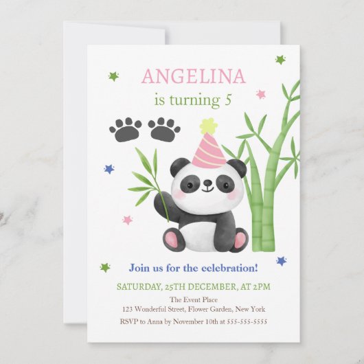 Invitation Joyeux anniversaire au bambou de Panda ours mignon (Devant)