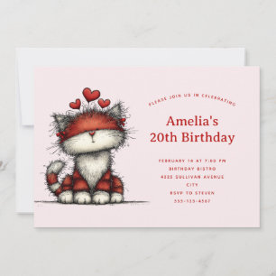 Invitation Joyeux Anniversaire avec Chat Mignon et Cœurs Roug