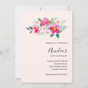 Invitation Joyeux anniversaire avec un bouquet de fleurs rose