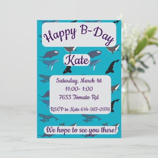 Invitation Joyeux anniversaire baleine (Debout devant)