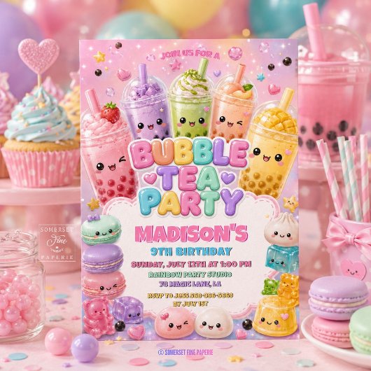 Invitation Joyeux Anniversaire Bubble Tea Arc-en-Ciel Mignon