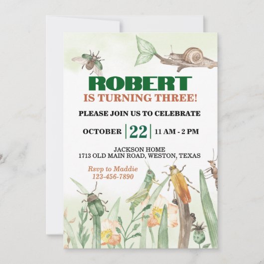 Invitation Joyeux Anniversaire Bugs et Escargot Mignons (Devant)