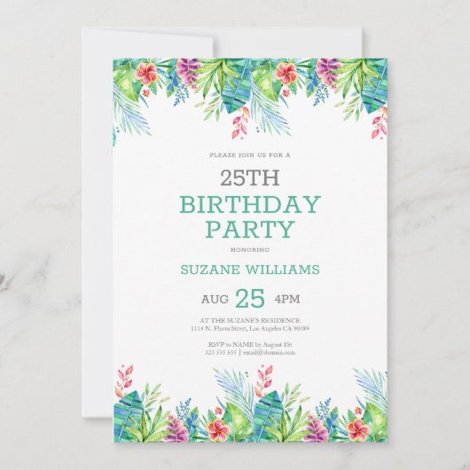 Invitation Joyeux anniversaire cadre de fleurs tropicales 2 I (Devant)