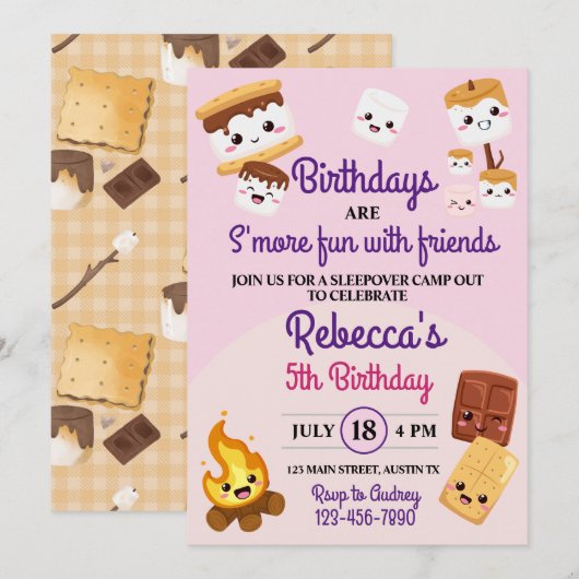Invitation Joyeux anniversaire camping avec des S'mores migno (Devant / Derrière)