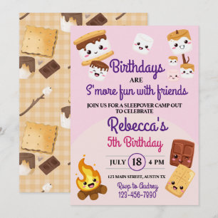 Invitation Joyeux anniversaire camping avec des S'mores migno