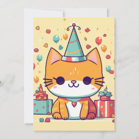 Invitation Joyeux anniversaire chat de fête mignon, (Devant)