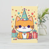 Invitation Joyeux anniversaire chat de fête mignon, (Debout devant)