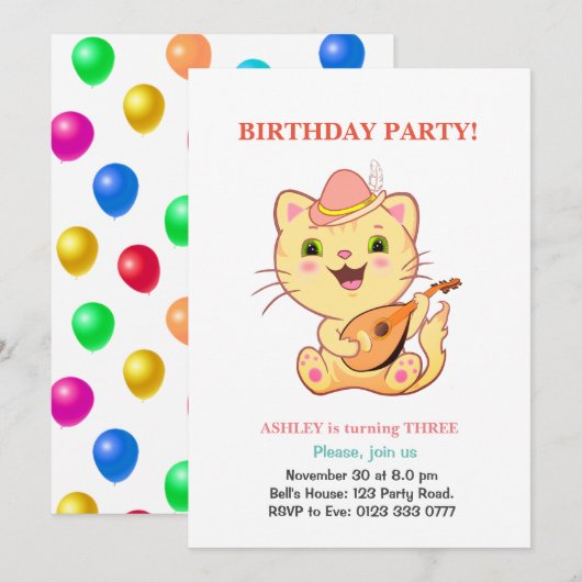Invitation Joyeux Anniversaire Chat Mignon & Ballons Multicol (Devant / Derrière)