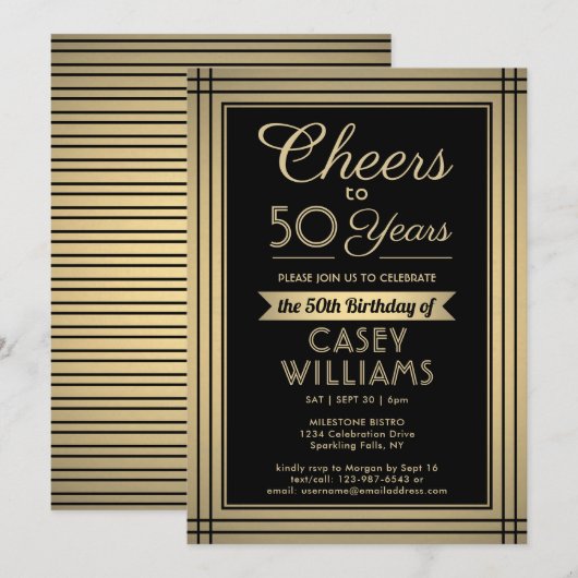 Invitation Joyeux Anniversaire Classique Bordure Noir et Or (Devant / Derrière)
