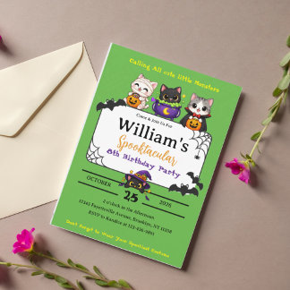 Invitation Joyeux anniversaire de chat d'Halloween - Fond ver