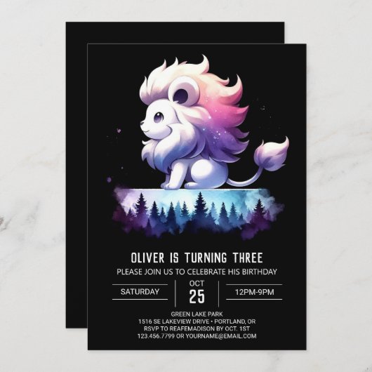 Invitation Joyeux anniversaire de lion enchanté (Devant / Derrière)