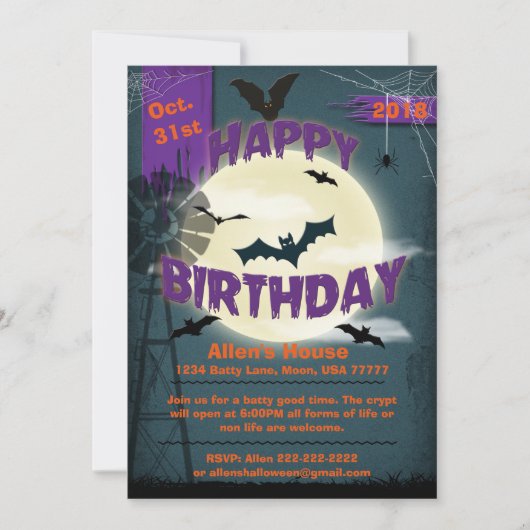 Invitation Joyeux anniversaire d'Halloween Batty Moonlight Pa (Devant)