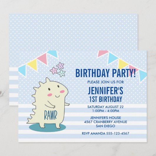 Invitation Joyeux Anniversaire Dinosaure Jaune Mignon avec Ét (Devant / Derrière)