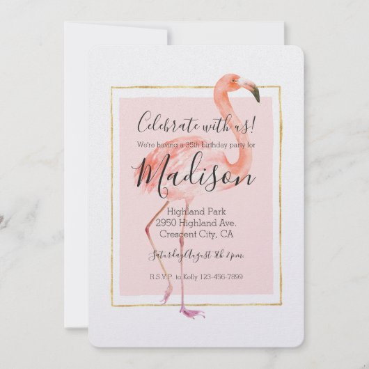 Invitation Joyeux anniversaire du Flamant rose rose (Devant)