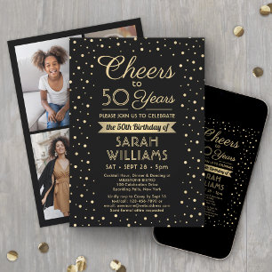 Invitation Joyeux Anniversaire Élégant Confettis Noir & Or