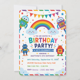 Invitation Joyeux Anniversaire Enfant Arc-en-ciel Robot Migno