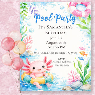 Invitation Joyeux Anniversaire Fête Piscine avec Axolotl Mign