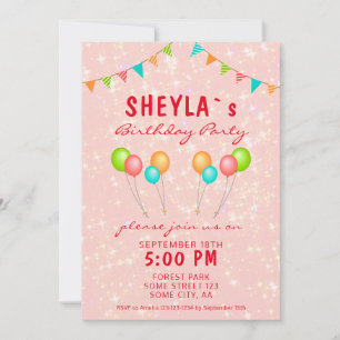 Invitation Joyeux Anniversaire Fille Ballon Rose Pailleté