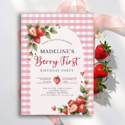Invitation Joyeux Anniversaire Fleur de Fraisier Gingham Été