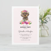 Invitation Joyeux Anniversaire Fleur Rose Aquarelle Dachshund (Debout devant)