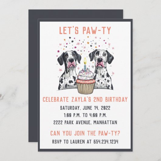 Invitation Joyeux anniversaire Great Dane Dogs Cupcake (Devant / Derrière)