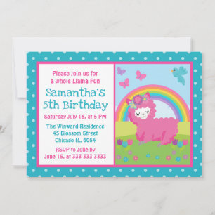 Invitation Joyeux Anniversaire Lama Arc-en-Ciel Rose Fleurs M