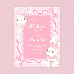 Invitation Joyeux anniversaire lapin à ruban rose mignon