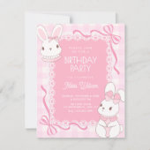 Invitation Joyeux anniversaire lapin à ruban rose mignon (Devant)