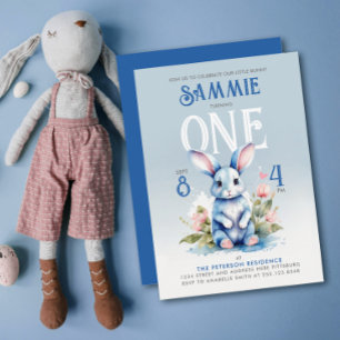 Invitation Joyeux Anniversaire Lapin Bleu Mignon Fleurs Aquar